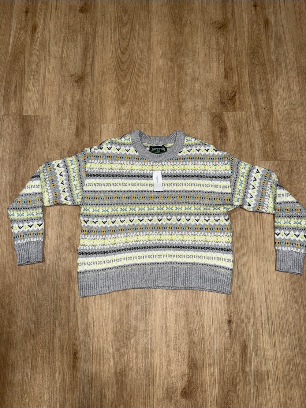 American Eagle Outfitters Gray Crewneck Sweater with Yellow & White Pattern